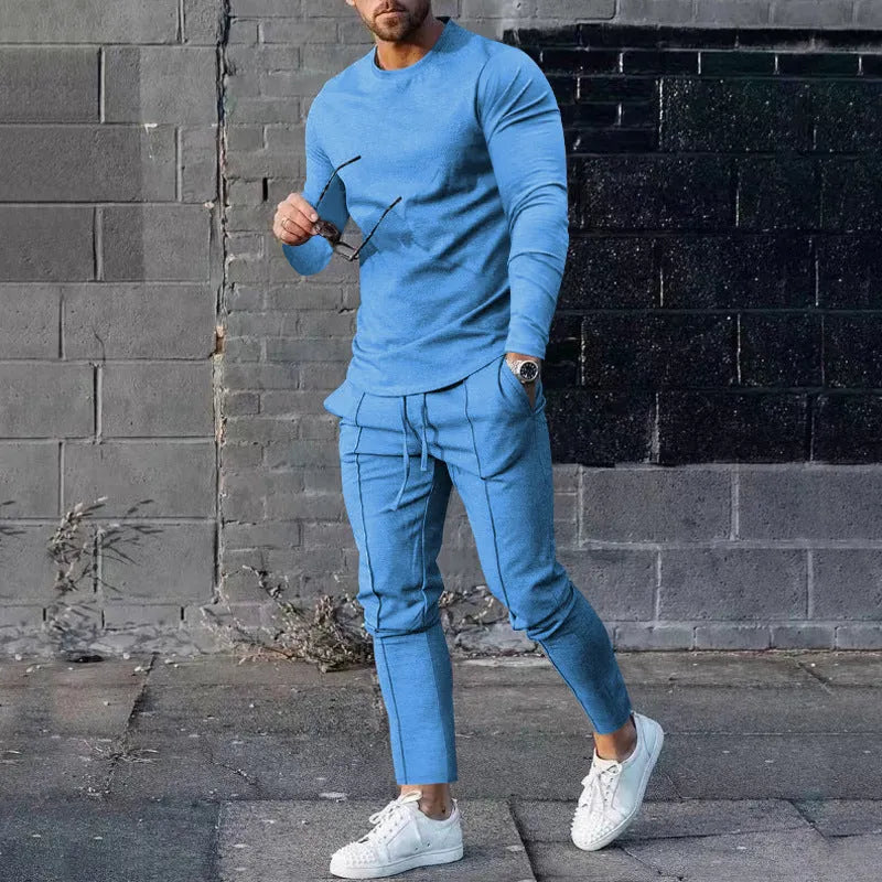 Men's two-piece casual suit with round-neck long sleeve T-shirt and matching trousers in solid colour