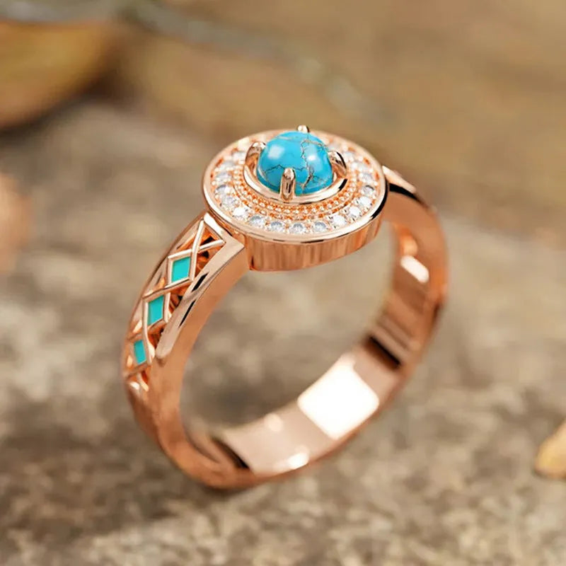 Women's turquoise ethnic geometric copper ring with rose gold finish and square design