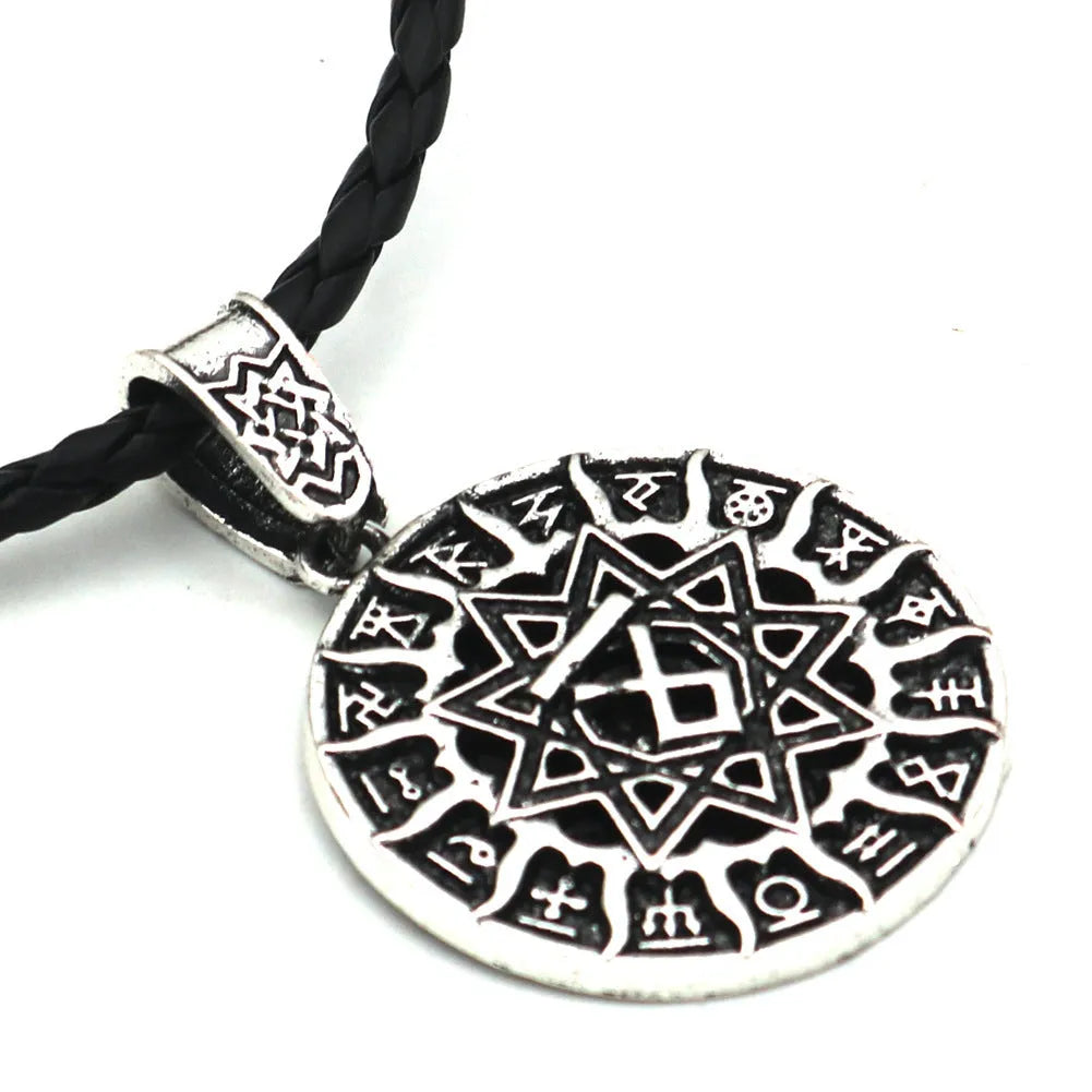 Lunavin ODing logo pendant necklace on a snake bones chain with antique silver finish.
