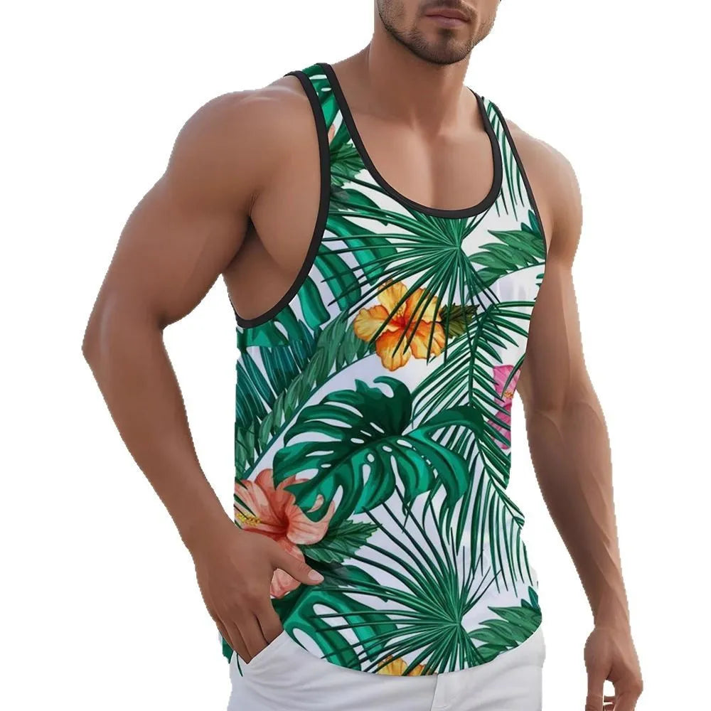 Men's 3D printed Hawaiian style sleeveless vest in solid colour with comprehensive sizing options