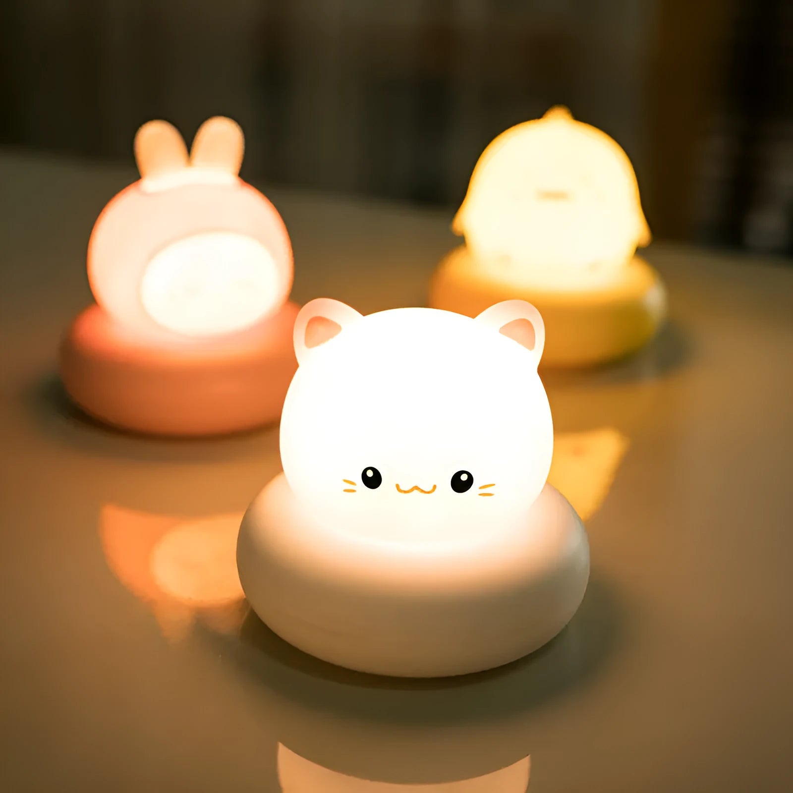Cute pet tap night light desk lamp in pink bunny design with vinyl shade on bedside table