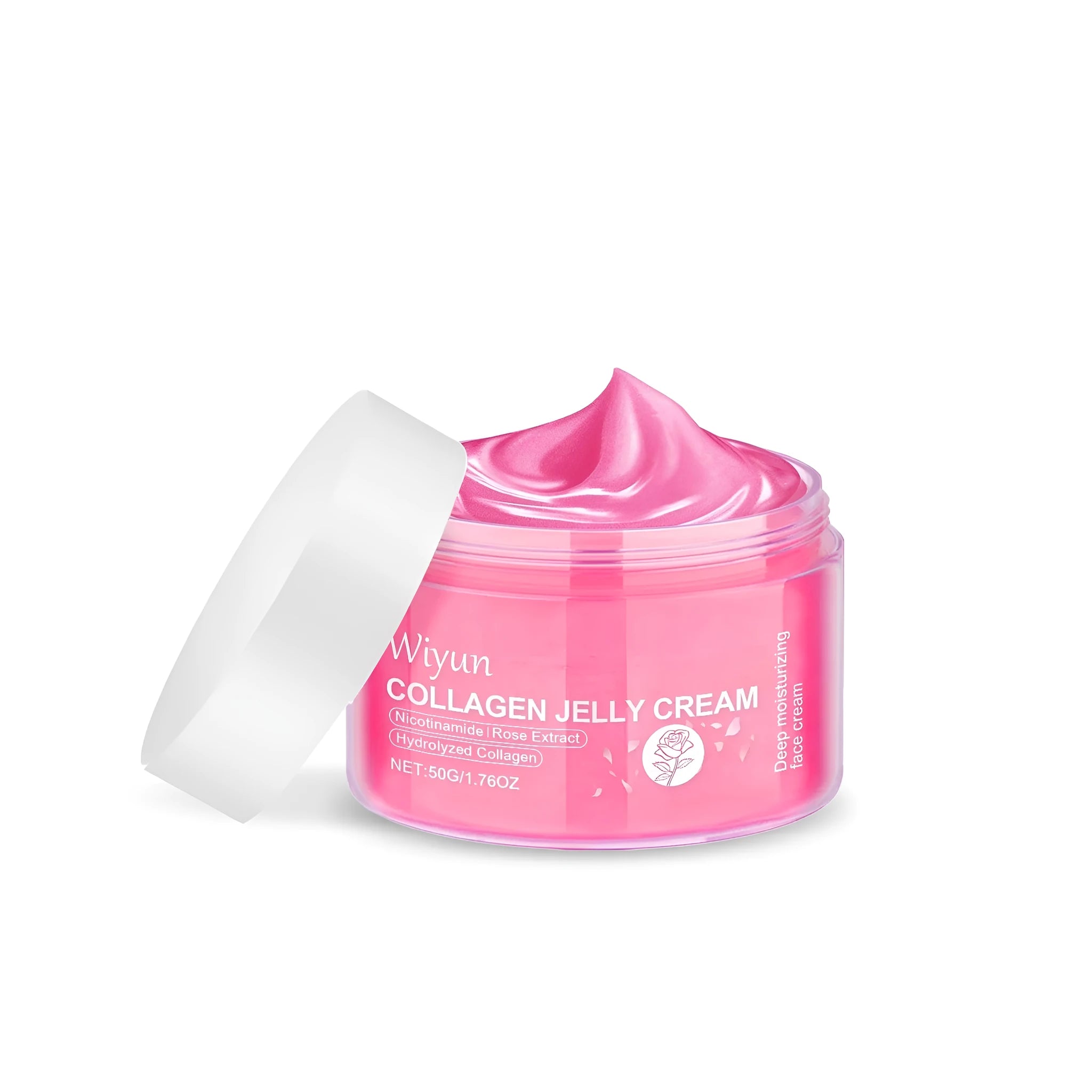 A 50g jar of Collagen Rose Jelly Cream, a pale pink gel moisturiser.