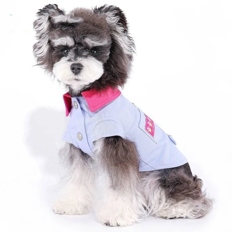 Blue and purple polyester vest for small dogs with back rope ring in seven sizes from XXS to XXL