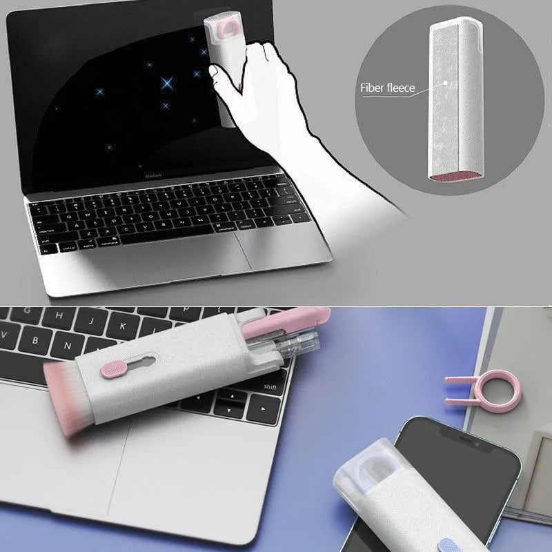 White cleaning set with pen, brush, keycap puller, and spray bottle on desk