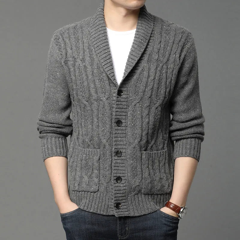 Men's Korean style jacquard knitted cardigan jacket in a chemical fibre blend for autumn and winter.