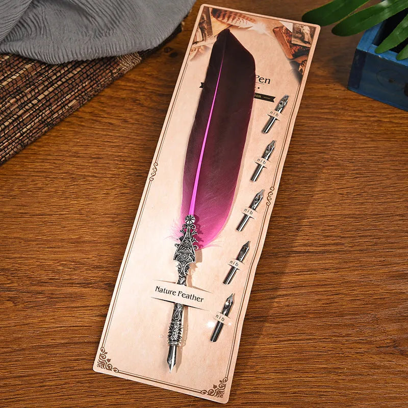 European retro vintage feather pen with zinc alloy shell in various colours measuring 30x13x4 cm