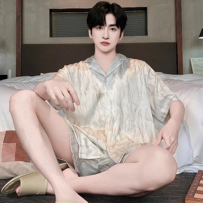 Men's ice silk cardigan and shorts pyjama set with satin jacquard pattern options