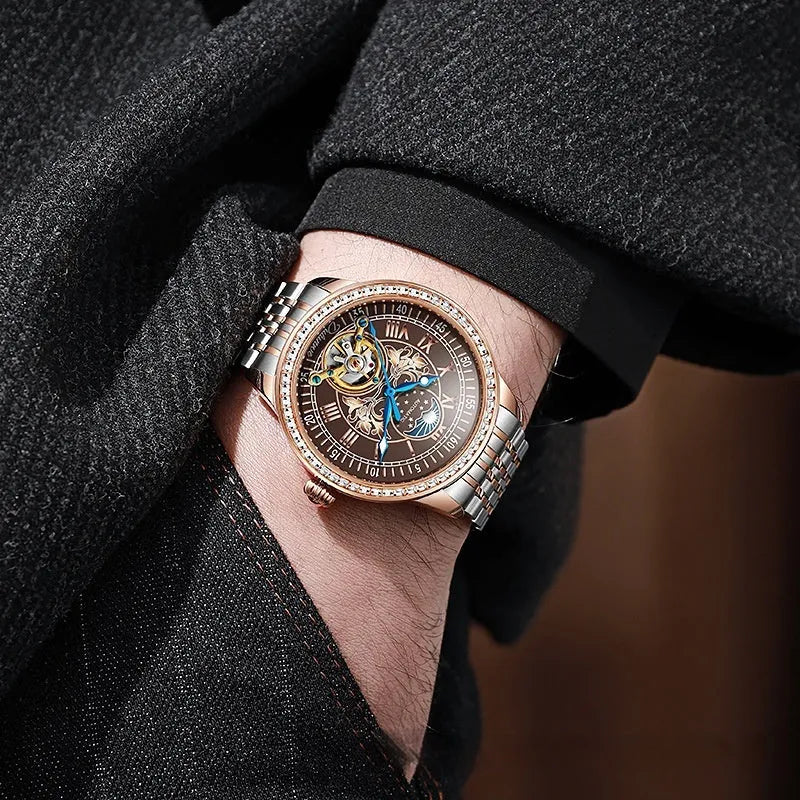 Waterproof men's mechanical watch with transparent case back showing movement inside, stainless steel strap with butterfly buckle