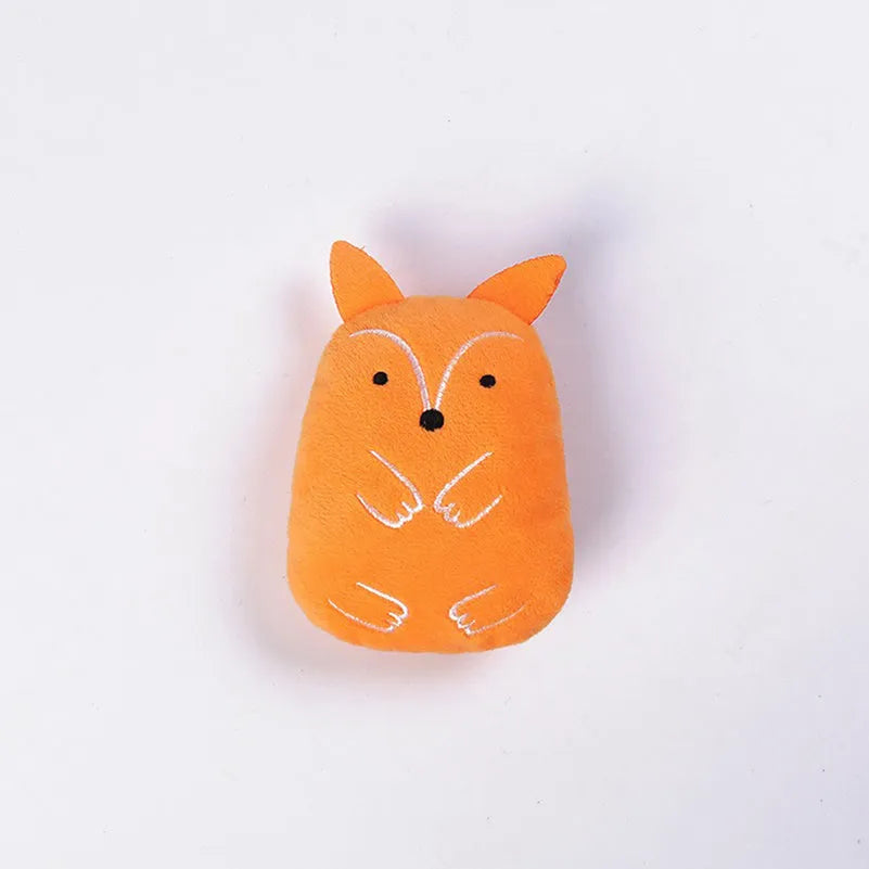 Small plush cat toy with catnip filling for chewing and teeth grinding, shown in assorted colours.
