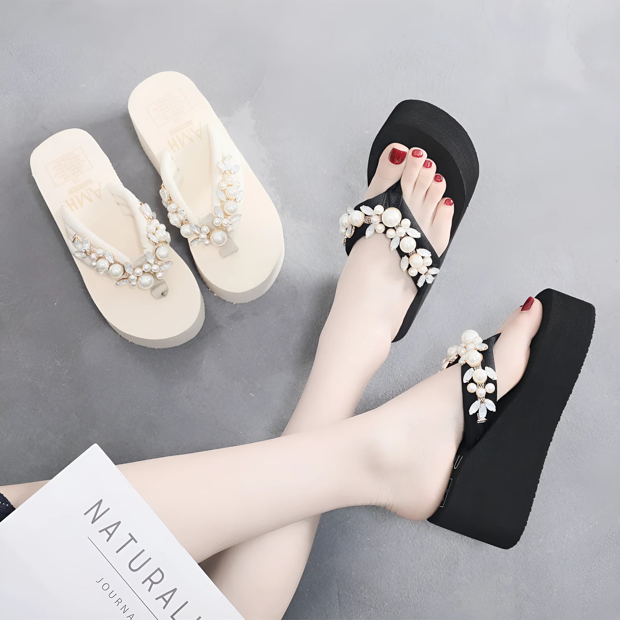 Women's high-heeled flip-flops in cotton with 6cm block heel, shown in beige and black colours