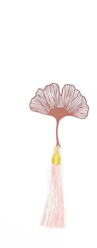 Brass metal bookmark with hollow leaf pattern design and rose gold tassel