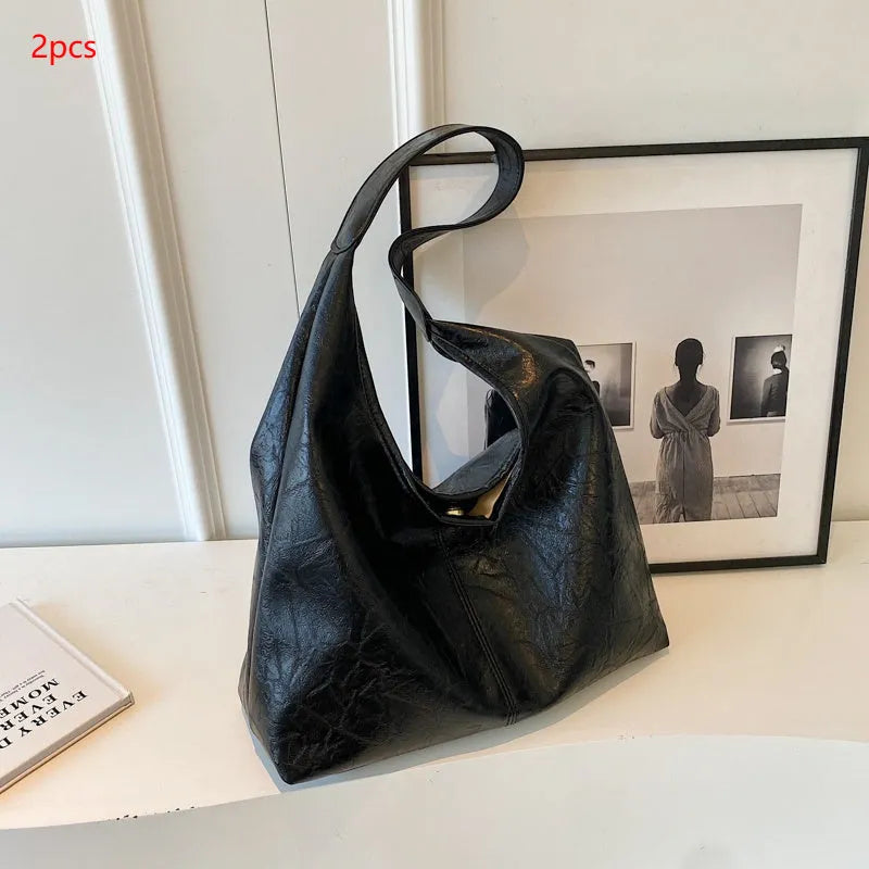 Casual PU leather shoulder bag with large capacity and sandwich pocket design in street trend style