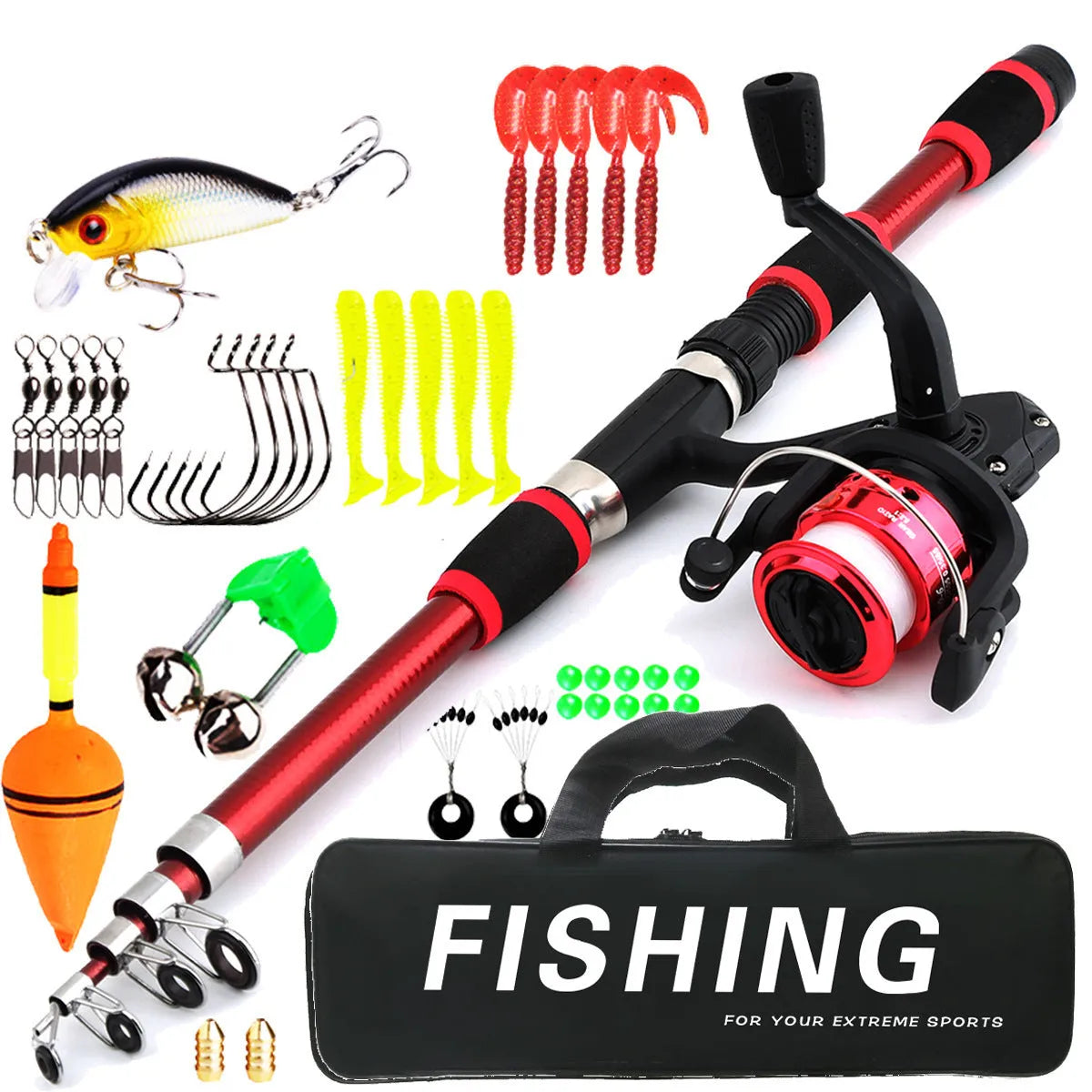Children's fishing rod with pole and reel set in multiple colour options for beginner anglers