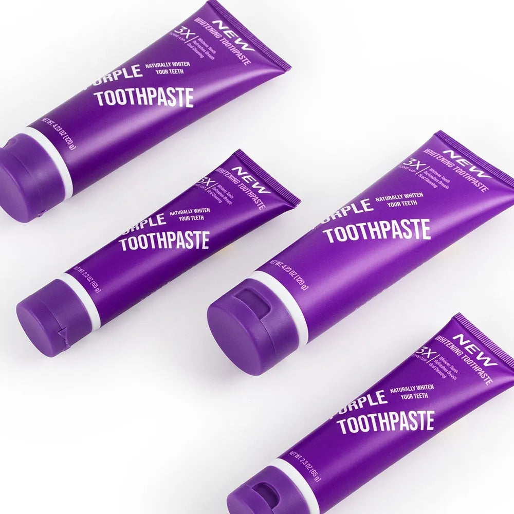 Purple whitening toothpaste tube for adults to remove yellow stains, shown in 120g size.