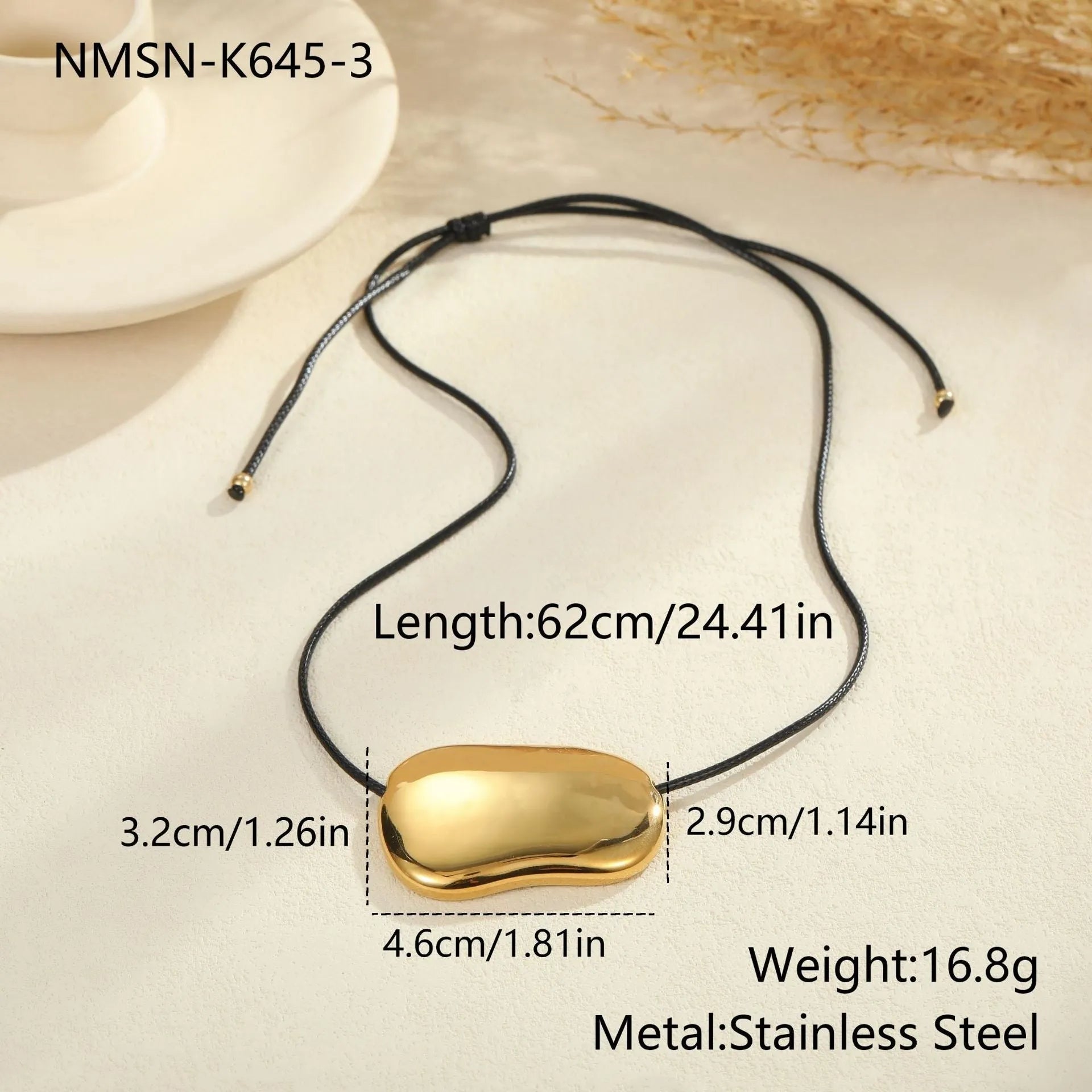 Black rope titanium steel necklace with geometric irregular pendants on adjustable 41-50cm chain