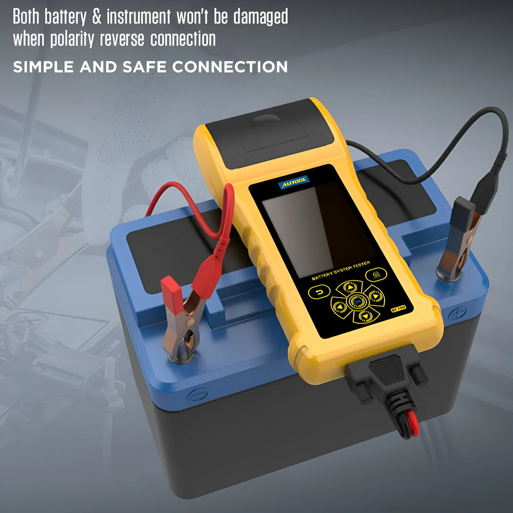 Autool BT760 vehicle battery tester with colour screen, clips, and thermal printer.