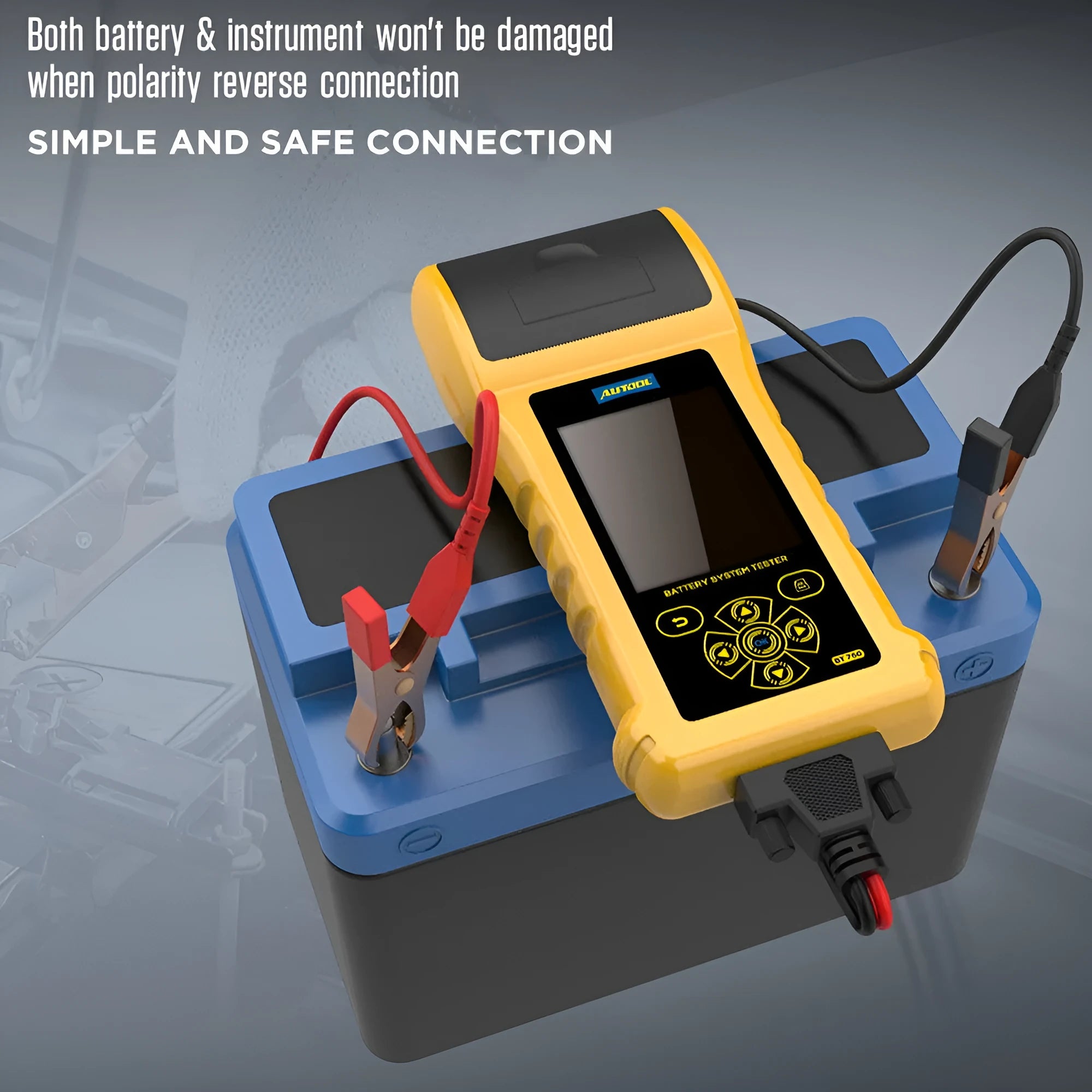 Autool BT760 vehicle battery tester with colour screen, clips, and thermal printer.