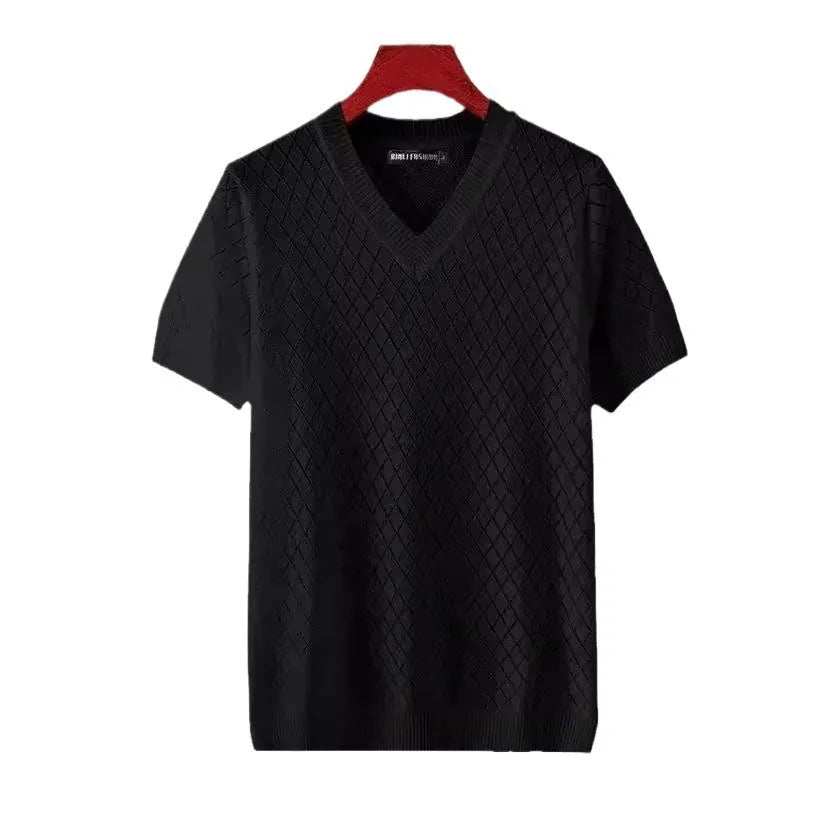 Men's plus size ice silk V-neck t-shirt with Korean style cut-out design in black colour