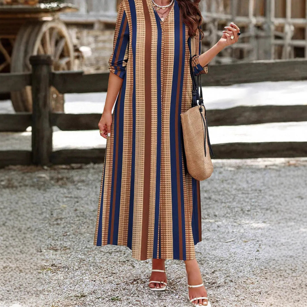 Camel colour women's vertical stripe V-neck pullover dress with long sleeves and A-line skirt