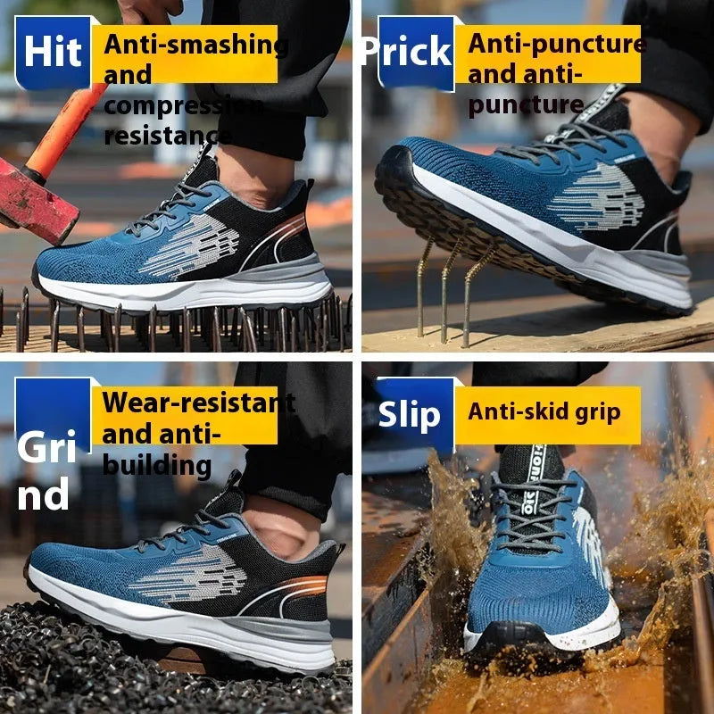 Blue men's safety work shoes with Flyknit mesh upper and lace closure