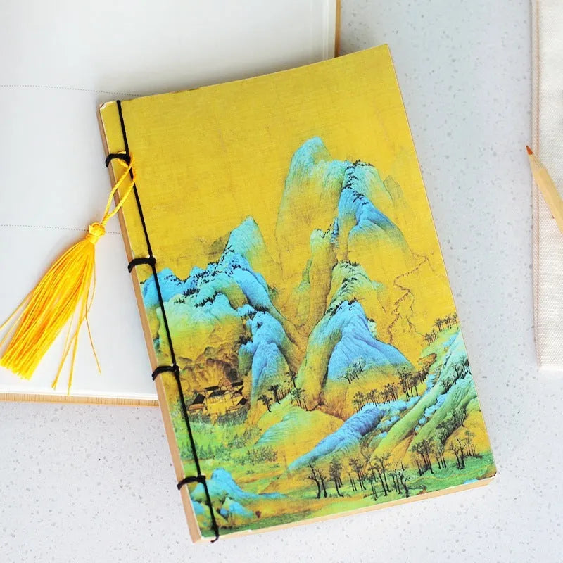 A5 antique wire-bound notebook with retro painting design on white cowhide cover