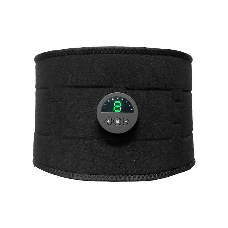 EMS fitness belt waist massager with silicone waistband, arm and abdominal patches, and USB cable