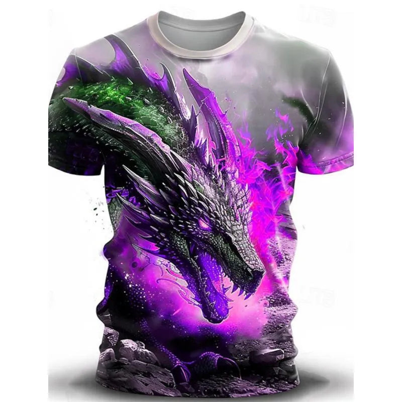 Man wearing a grey T-shirt with a large blue and white 3D Wind Dragon print across the chest.
