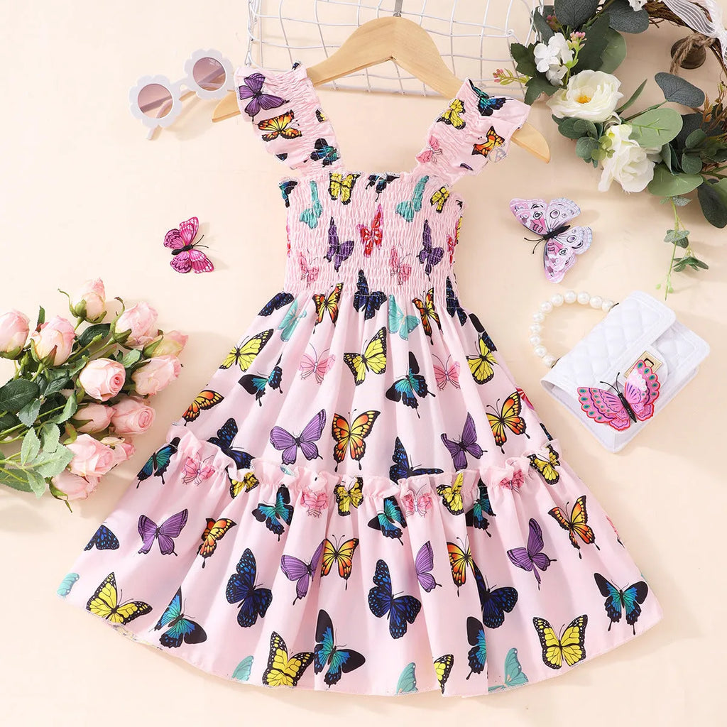 Girls sleeveless A-line dress with leopard print butterfly rainbow multicolor pattern polyester lining sizes 2 to 7 years