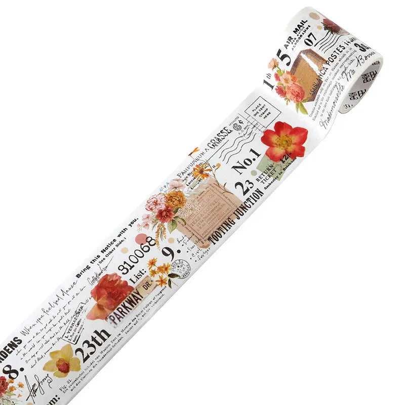 Roll of vintage floral watercolour decorative paper tape with Japanese paper base, showing 2m length.