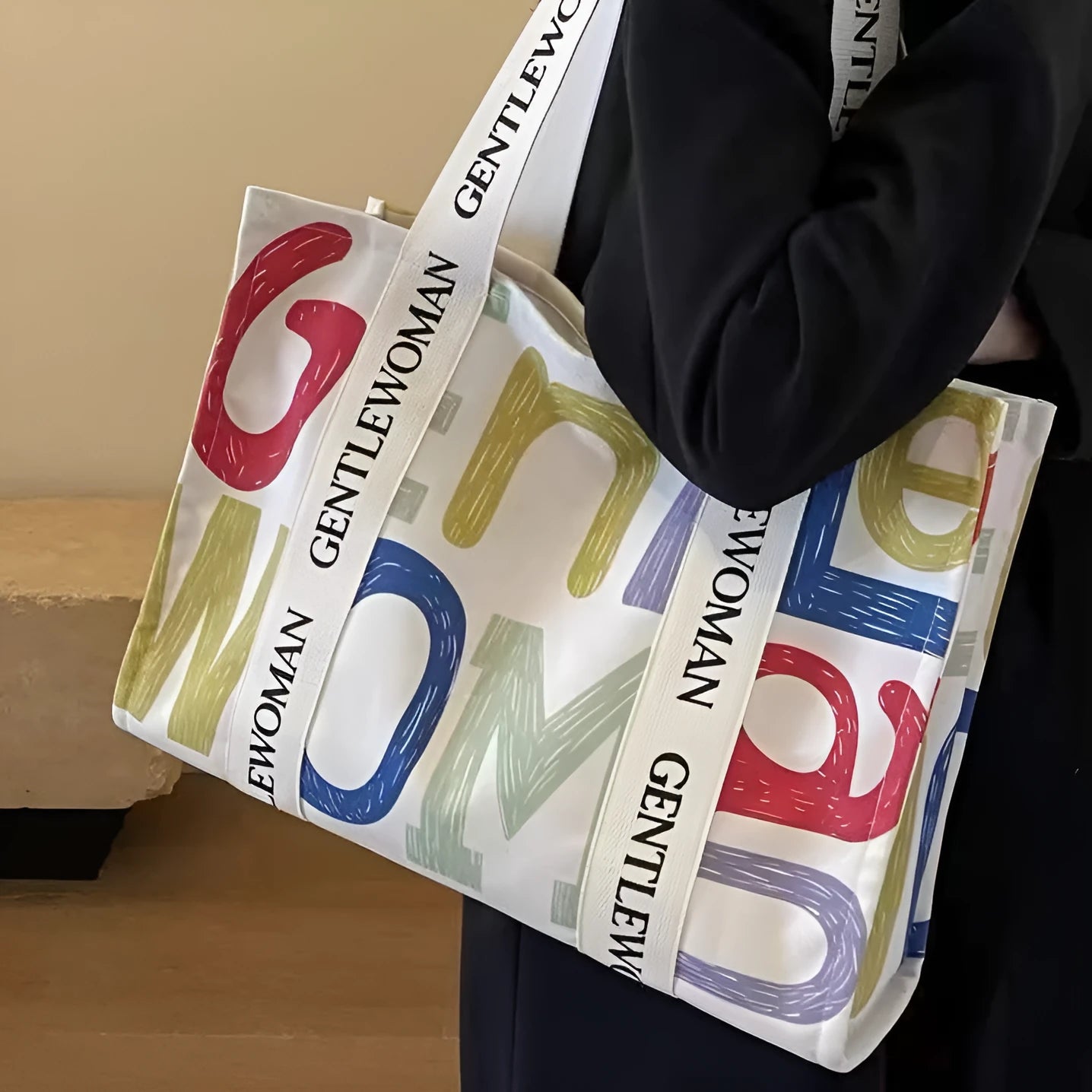 Large canvas women's tote bag with printed design, shown in available colour and pattern options