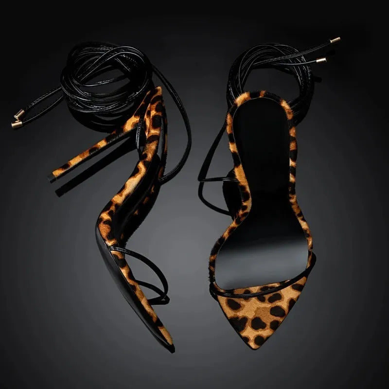 Women's leopard print pointed toe sandals with Roman lace-up and buckle closure
