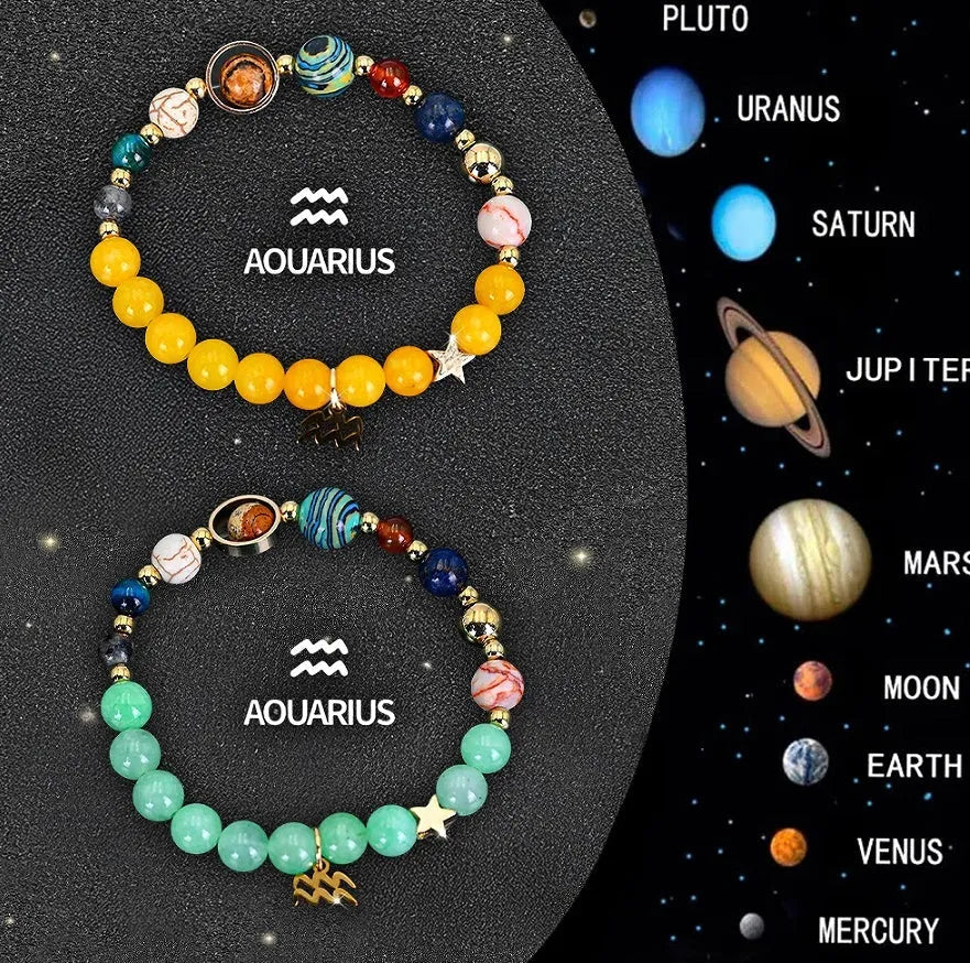 Set of twelve natural stone zodiac bracelets showing detailed astrological charms on stretch cords