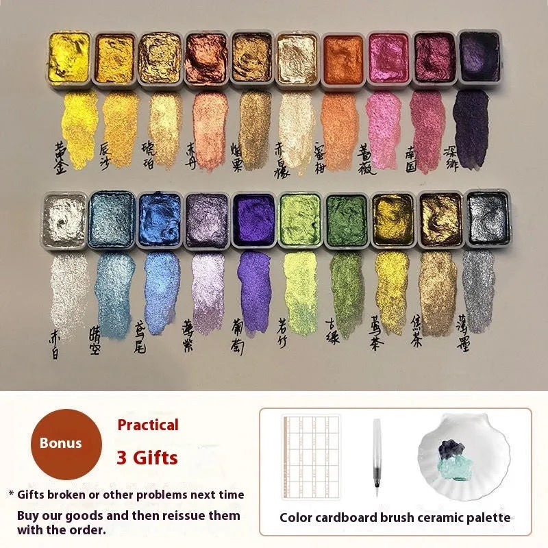 Traditional Chinese painting watercolour set with tubes of red gold, white gold, and pearlescent colours in warm and cold palettes.