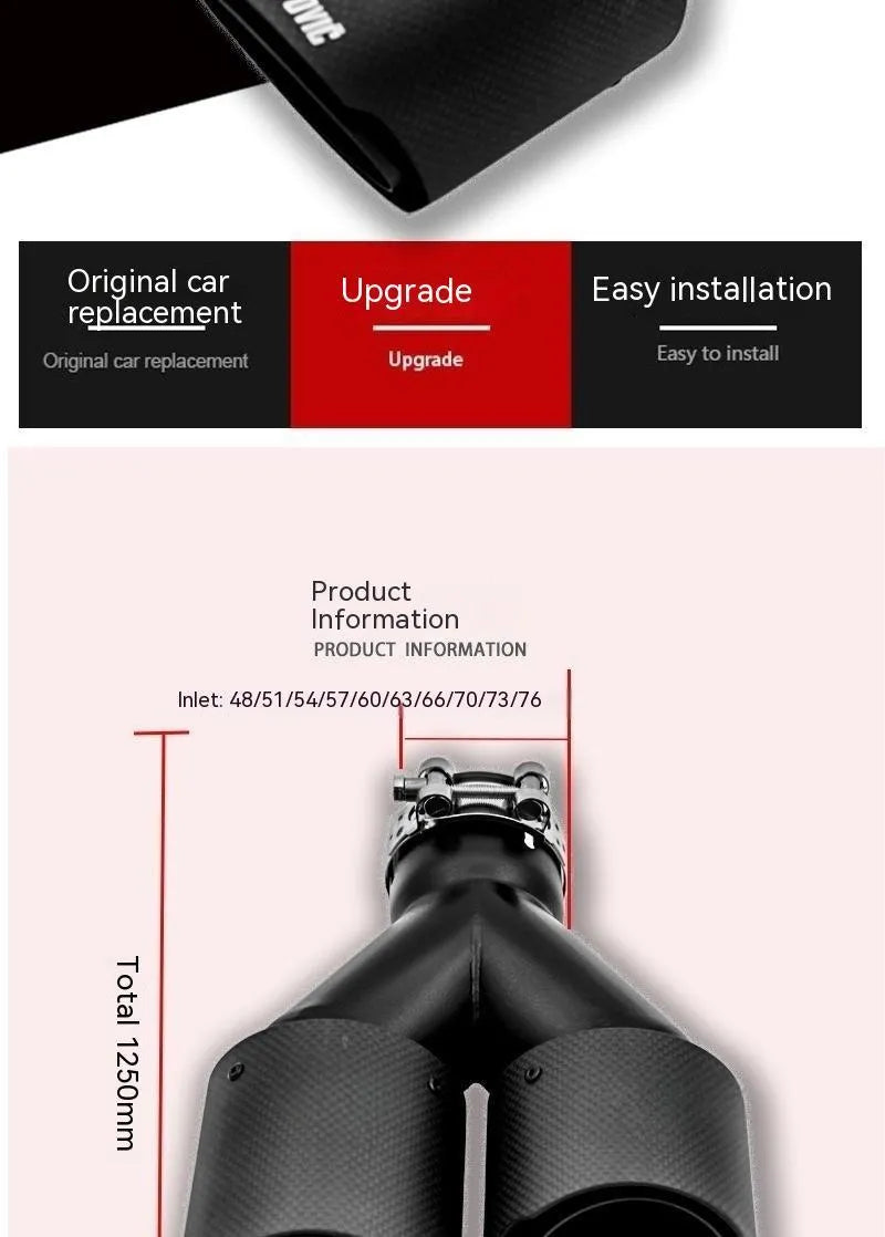 Black carbon fibre car exhaust pipe with double outlet tail nozzle, 250mm long