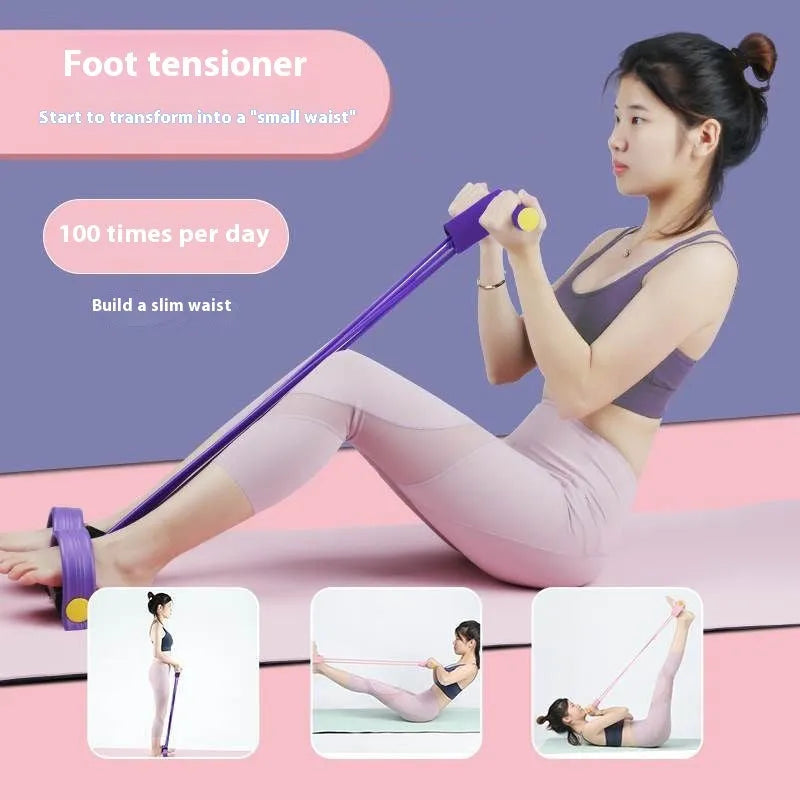 Yoga four piece fitness set showing leg stretcher, yoga ring, pedal device and tension rope
