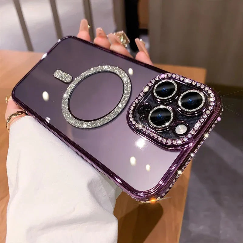 Wireless magnetic iPhone case with soft silicone edges and electroplated finish in multiple colour options