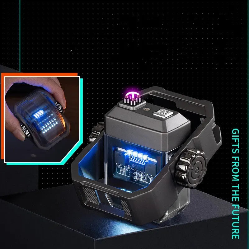 Blue Pulse Lighter showing windproof double arc, mechanical gyroscope, and Type-C charging port on a zinc alloy body.