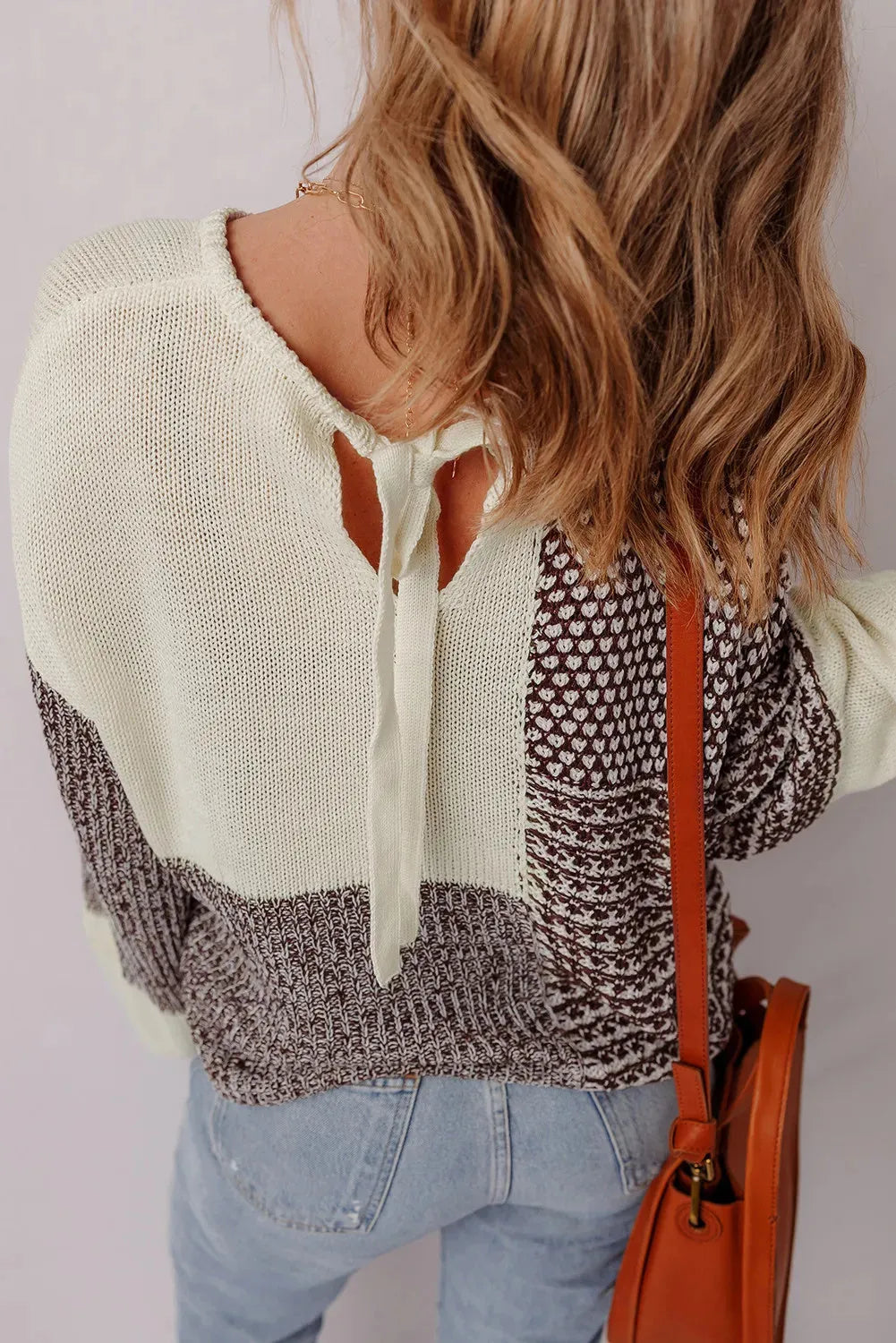 Dark khaki colour block drop shoulder sweater with back tie detail and long sleeves