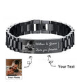Men's bracelet with curved stainless steel lettering plate and titanium steel heart-shaped links