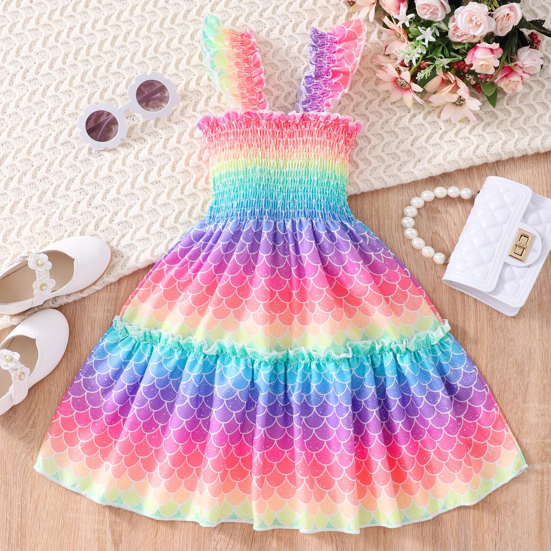 Girls sleeveless A-line dress with leopard print butterfly rainbow multicolor pattern polyester lining sizes 2 to 7 years