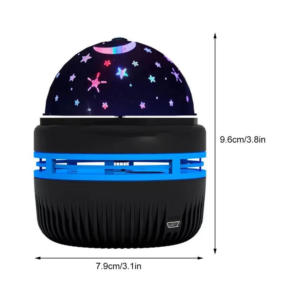 LED galaxy projector night light with rotating colourful stars, showing USB cable and removable acrylic shade.