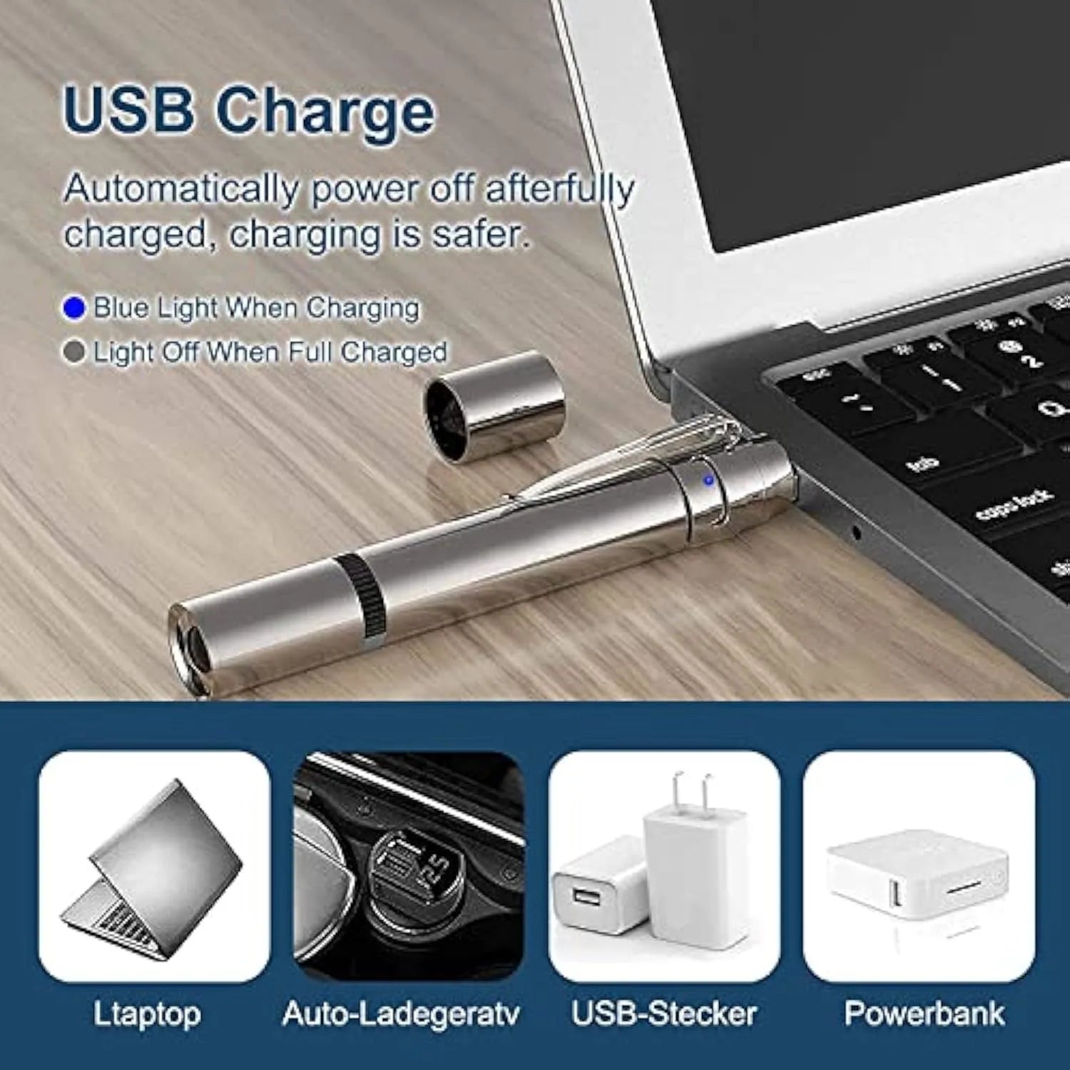 Silver aluminium interactive cat laser pointer toy with USB port and multiple light pattern modes.