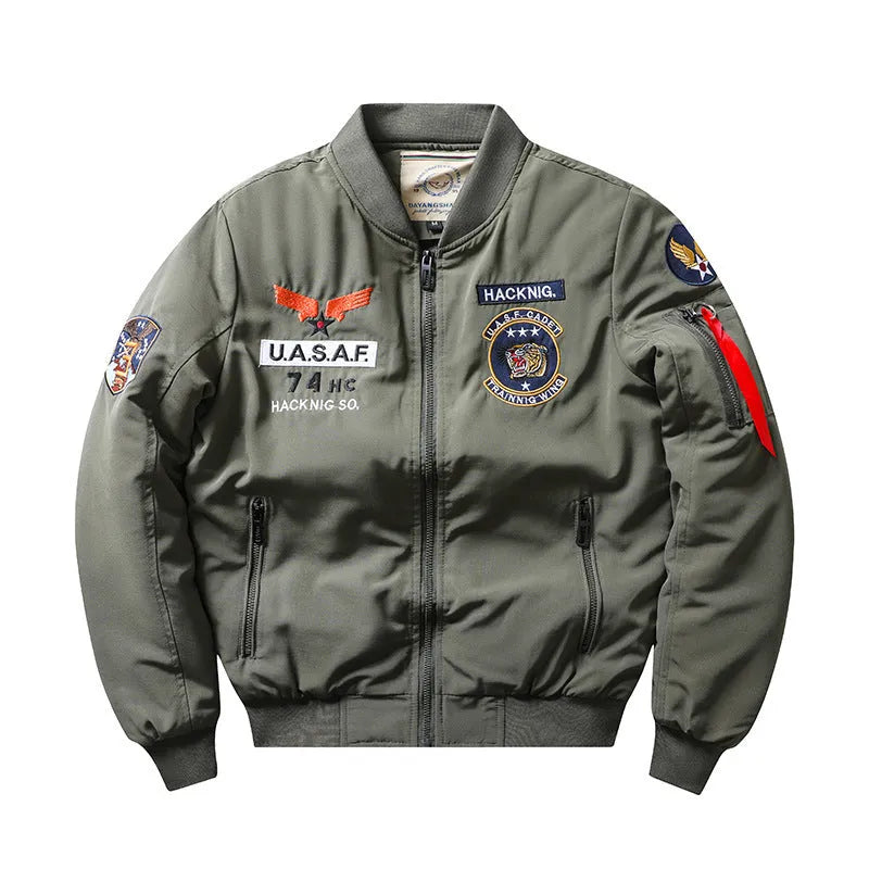 Men's slim-fit stand collar motorcycle coat in black with embroidery detailing and patch pockets