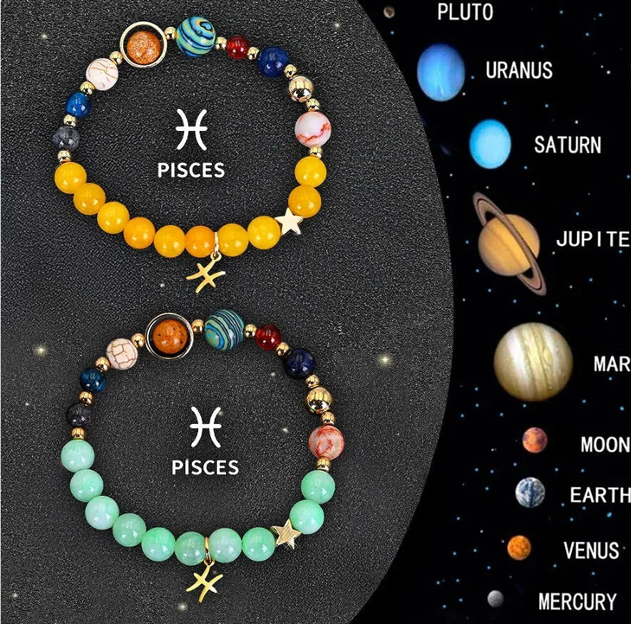 Set of twelve natural stone zodiac bracelets showing detailed astrological charms on stretch cords