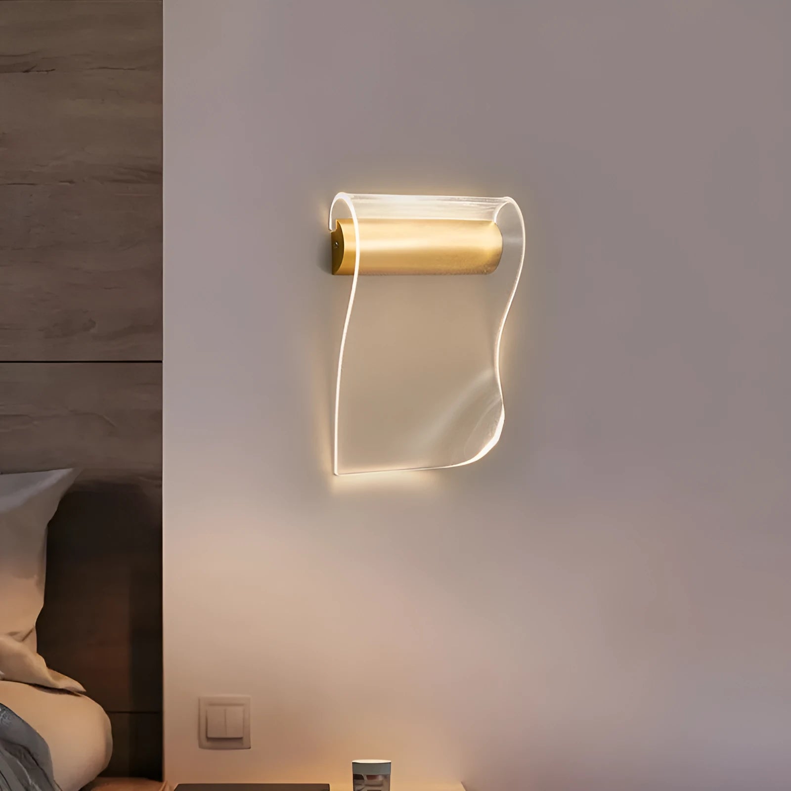 Simple wall lamp with white acrylic shade and black iron arm, shown in left bend orientation.