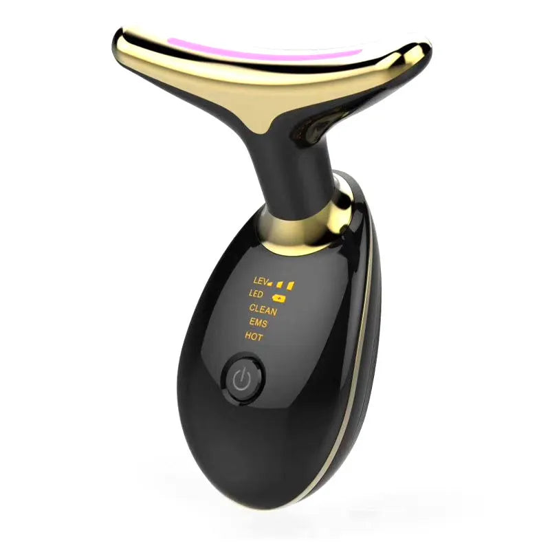 White EMS thermal neck lifting massager with LED lights, shown with USB cable and moisturiser.