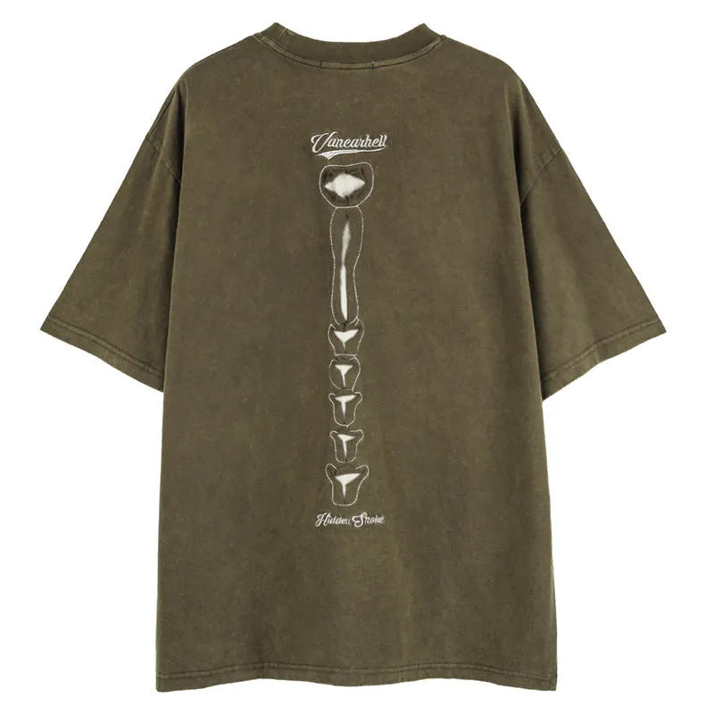 Brown and black skull print cotton T-shirt with drop-shoulder sleeves