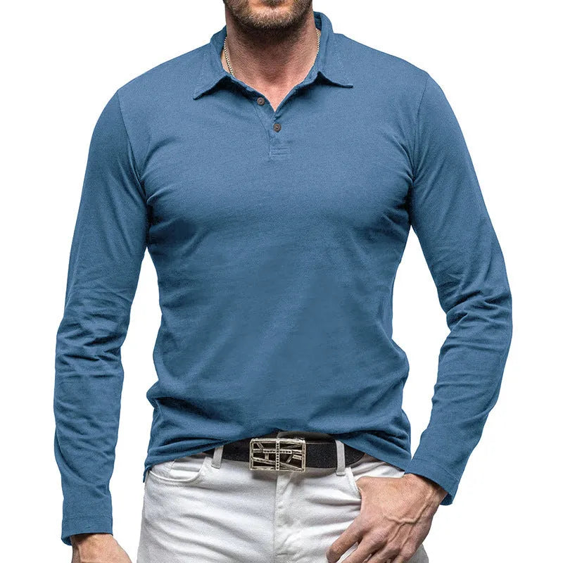 Men's polo collar long sleeve T-shirt in American retro style cotton fabric