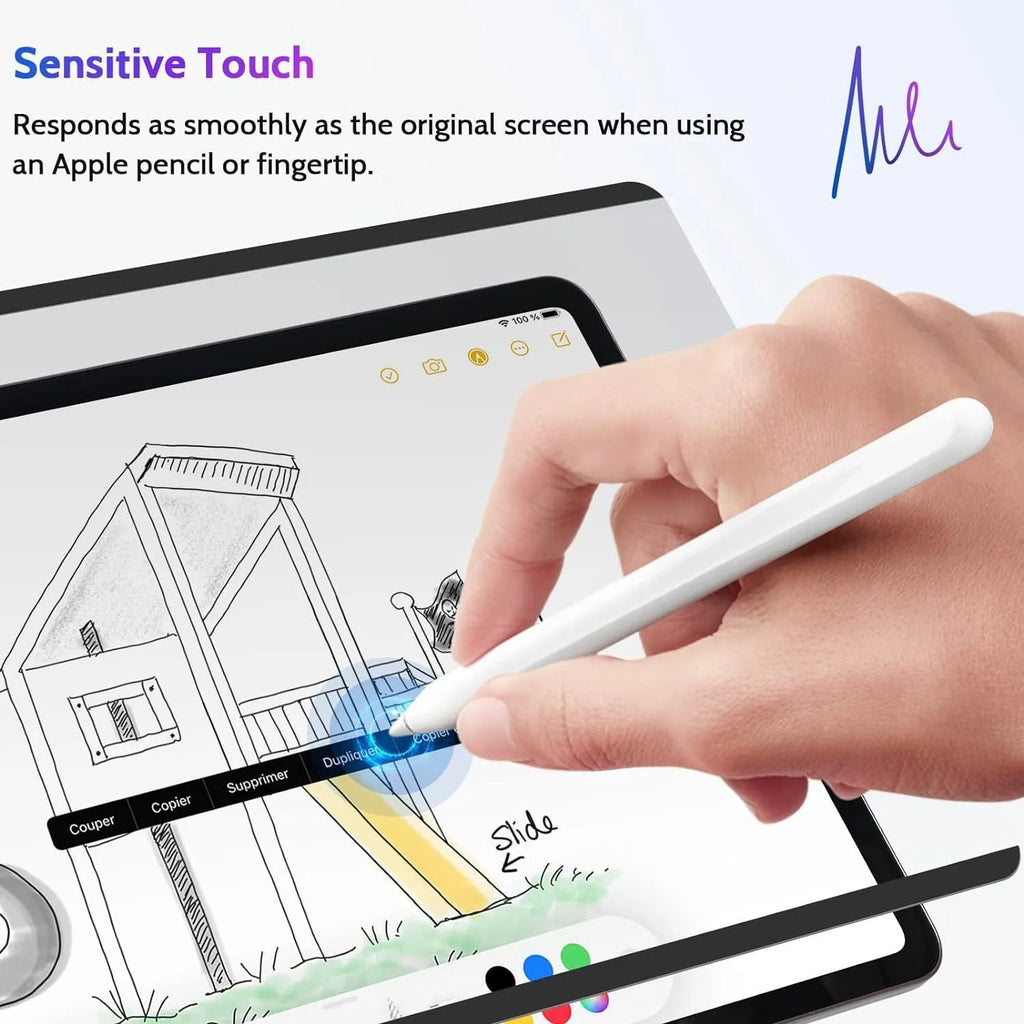Magnetic suction iPad privacy screen protector with paper-like texture and storage clip on an iPad.