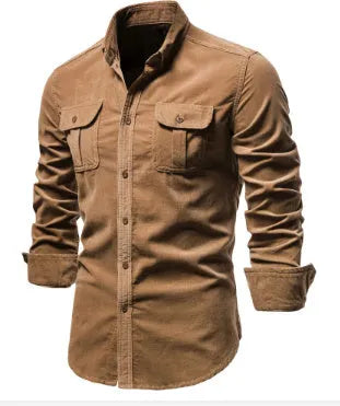 Men's blue linen long-sleeve casual shirt showing front view on hanger.